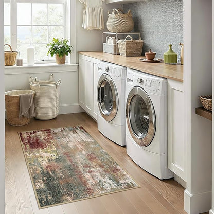 RELEANY Washable Area Rugs 3x4 Non-Slip Modern Abstract Soft for Living Room Entryway Bedroom Kitchen, Print Pattern, Brown Rust Red Green Blue Multi