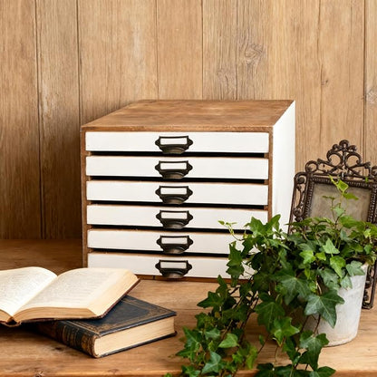 Vintage 6-Drawer Wooden Desktop Organizer Cabinet, Rustic Distressed Wood Card Catalog Cabinet, Antique Storage Box for Jewelry Cosmetics Craft Paper Home Office Decor (White)