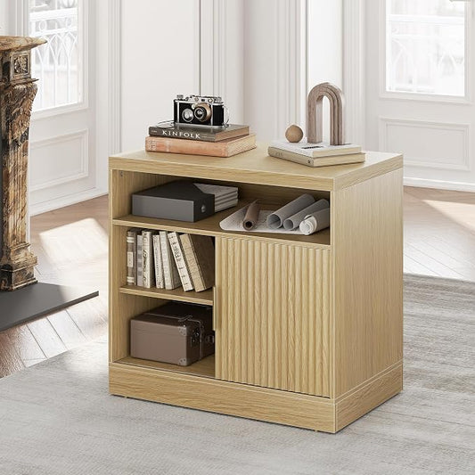 File Cabinet with Sliding Door, 32'' Fluted File Cabinet with Open Adjustable Shelves, Wood Filing Cabinet for Home Office, Light Walnut