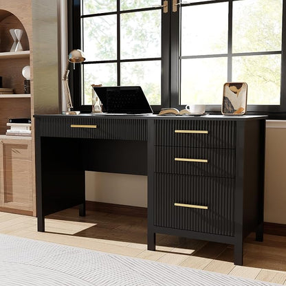 Fluted Executive Desk with Drawers: 54" Black Home Office Desks with File Drawers, Modern Computer Desk with Gold Handles, Writing Table for Study, Living Room (Black, 54")