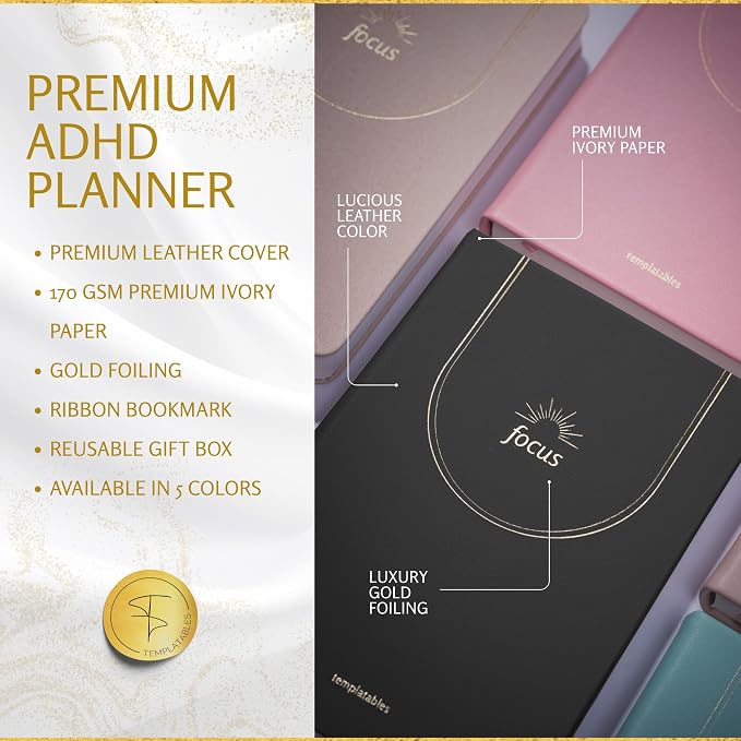 ADHD Daily Planner for Neurodivergent Adults – Premium Leather Productivity & Task Management Planner with Guided Focus Pages, 170gsm Paper, Gold Foiling & Gift Box – Undated | A5 (Black)