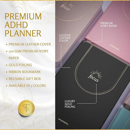 ADHD Daily Planner for Neurodivergent Adults – Premium Leather Productivity & Task Management Planner with Guided Focus Pages, 170gsm Paper, Gold Foiling & Gift Box – Undated | A5 (Black)
