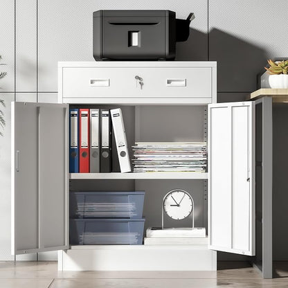 Wanfu Metal Storage Cabinet, Locking Cabinet with 1 Drawer and Adjustable Shelf, 36" H x 28" W x 16" D Steel Storage Cabinet for Office, Garage, Home-White