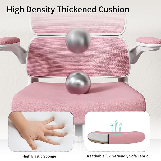 Office Chair, Ergonomic Desk Chair - Thick Cushion Adjustable Height Computer Chair with Lumbar Support and Flip-up Armrests, Pink Home Office Desk Chairs, Swivel Executive Task Chair…