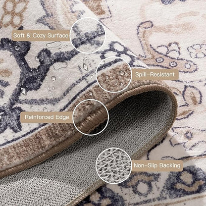 Lofus 3x5 Area Rugs for Living Room, Machine Washable Area Rug, Soft Small Rugs for Bedroom, Kitchen, Office and Indoor, Vintage Boho Carpet, Non-Slip Low Pile Carpets, Floral Brown