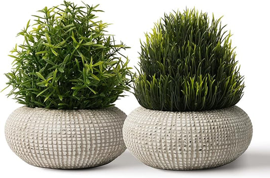 2 Pack Small Fake Plants in Cement Planter for Bathroom Decor, 6.1/5.7 Inch Artificial Plants Indoor, Small Faux Plants Indoor for Home Room Bedroom Farmhouse Kitchen Office Decor - Rosemary
