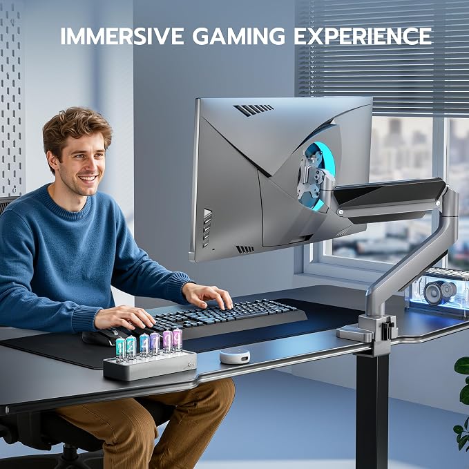 ARES WING Single Monitor Arm, Heavy Duty Adjustable Monitor Arm for 13"-49" Screens with USB, Gas Spring Desk Mount Stand with C Clamp/Grommet Mounting Base up to 40lbs Computer, Gray