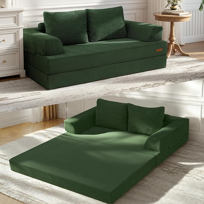 COMAX Futon Sofa Bed, Convertible Folding Sofa Bed, Boneless Couch Loveseat Corduroy with Pillows, Small Foldable Floor Couch Comfy Lounge Sleeper for Living Room Bedroom, Green