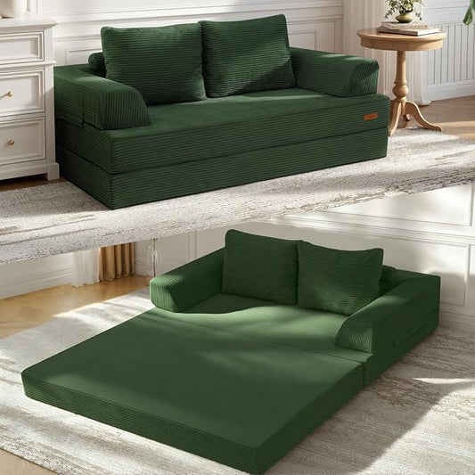 COMAX Futon Sofa Bed, Convertible Folding Sofa Bed, Boneless Couch Loveseat Corduroy with Pillows, Small Foldable Floor Couch Comfy Lounge Sleeper for Living Room Bedroom, Green