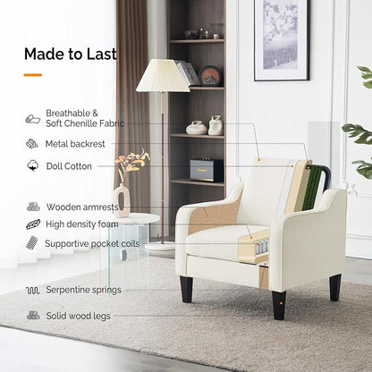VINGLI Accent Chairs Set of 2 White Chenille Living Room Chairs Reading Chair for Bedroom Scooped Arm Chair Mid Century Modern Accent Chair Upholstered Comfy Chair for Apartment, Waiting Room