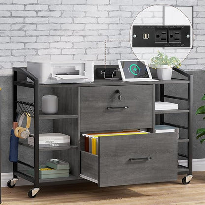 SEDETA 44" File Cabinet, Filing Cabinet fits Legal/Letter Size, 2 Drawer File Cabinets for Home Office with Lock, Power Strip, 6 Storage Shelves, Grey
