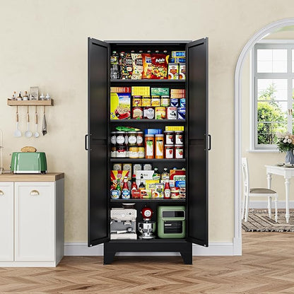 Letaya 75" H Metal Storage Cabinet with 2 Doors and 4 Shelves,Tall Kitchen Pantry Cabinets,Farmhouse Utility Pantry Organizers for Cupboard/Dining/Bathroom/Home Office/Garage Room,Black