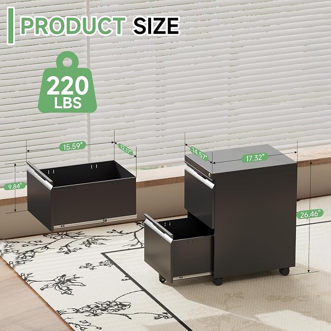 2 Drawer File Cabinet with Lock,Small Filing Cabinet for Home Office,Rolling Metal File Cabinets with Wheels for Letters/Legal/A4 Size, Assembly Required,Black
