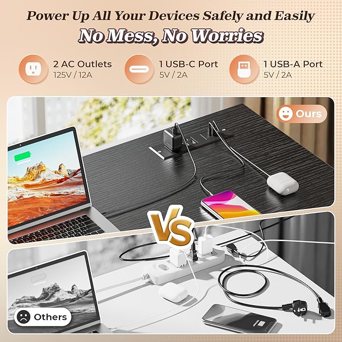 PRAISUN 43.3" Small Computer Desk with Power Outlets & USB-C Port, Reversible L Shaped Corner Office Desk with 4 Fabric Drawers and 2 Adjustable Storage Shelves, for Gaming Writing, Black