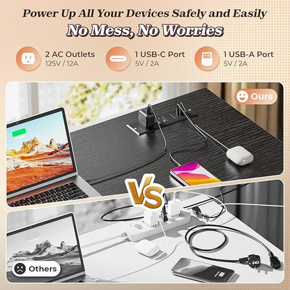 PRAISUN 43.3" Small Computer Desk with Power Outlets & USB-C Port, Reversible L Shaped Corner Office Desk with 4 Fabric Drawers and 2 Adjustable Storage Shelves, for Gaming Writing, Black