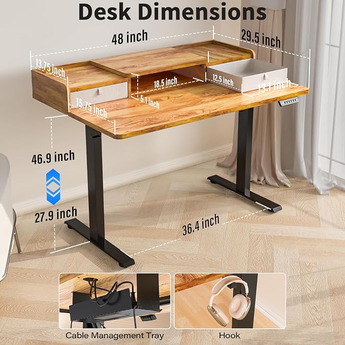 Kingant 48 x 30 Inch Electric Standing Desk with Dual Drawers, Adjustable Height Computer Desk for Home Office, Large Workstation Sit Stand Up Desk with Built-in Storage Shelf, Light Rustic Brown