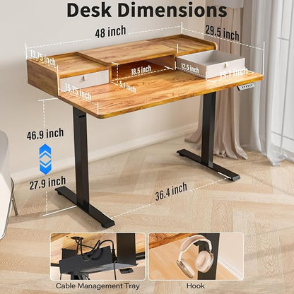 Kingant 48 x 30 Inch Electric Standing Desk with Dual Drawers, Adjustable Height Computer Desk for Home Office, Large Workstation Sit Stand Up Desk with Built-in Storage Shelf, Light Rustic Brown