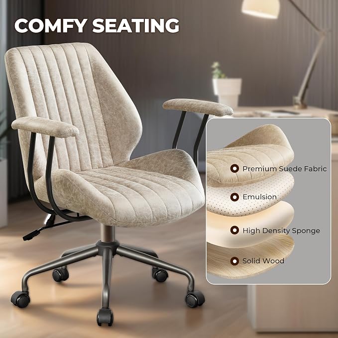Home Office Chair,Ergonomic Computer Chair with Lumbar Support Adjustable Height,Mid-Century Modern Office Chair with Rolling Swivel Chair for Home Office Game Study(PU Leather Mid Back Chair,Beige)
