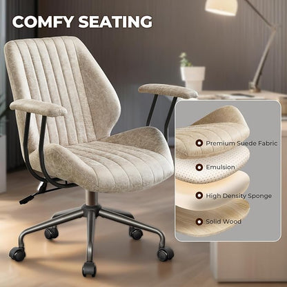 Home Office Chair,Ergonomic Computer Chair with Lumbar Support Adjustable Height,Mid-Century Modern Office Chair with Rolling Swivel Chair for Home Office Game Study(PU Leather Mid Back Chair,Beige)