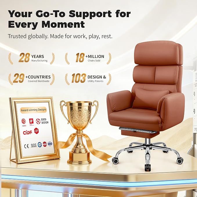 Big and Tall Office Chair 500LBS, Ergonomic High Back Leather Executive Chair, Reclining Swivel with Adjustable Armrests Lumbar Support Footrest, Cross Legged, Brown