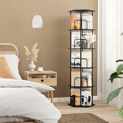SUNMORY 5 Tier Rotating Bookshelf Tower, Revolving 360 ° Spinning Bookcase, Hexagonal Corner Book Shelf Storage Carousel, Vertical Rotate Turning Organizer Book Shelves for Living Room Office Bedroom