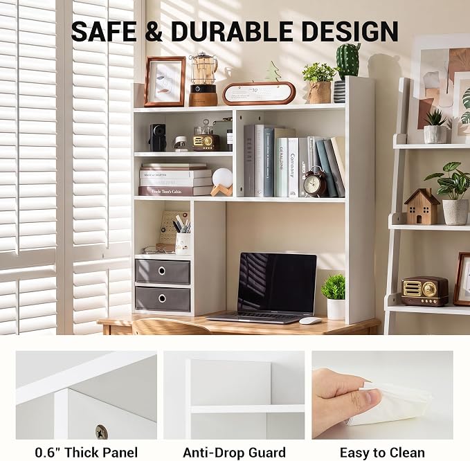 deli Desktop Bookshelf, High-Capacity Desk Hutch Organizer with 7 Shelves and 2 Drawers for Computer Desk, Desk Shelf Organizer for Dorm Office Home, White