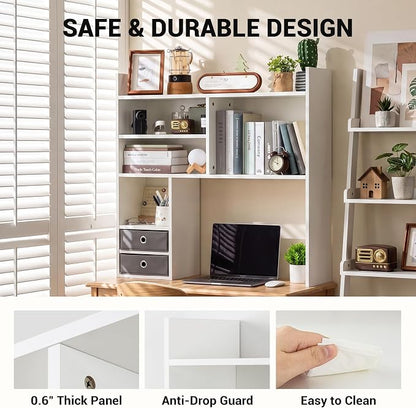 deli Desktop Bookshelf, High-Capacity Desk Hutch Organizer with 7 Shelves and 2 Drawers for Computer Desk, Desk Shelf Organizer for Dorm Office Home, White