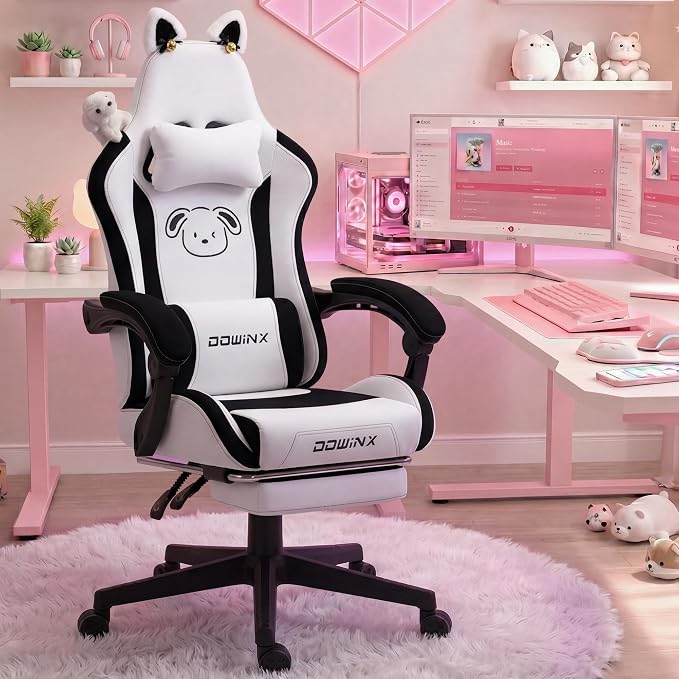 Dowinx Gaming Chair with Cat Ears and Massage Lumbar Support, Ergonomic Computer Chair with Footrest and Headrest, Comfortable Reclining Game Chair 290lbs for Adults, Black White