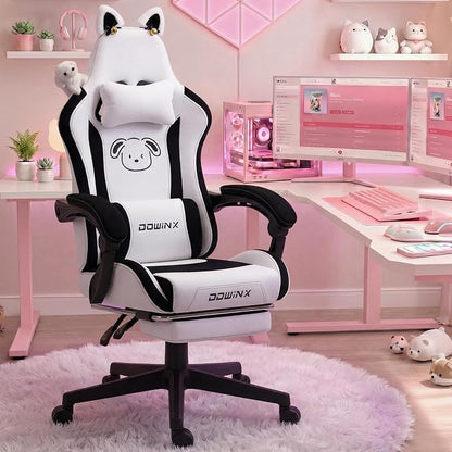Dowinx Gaming Chair with Cat Ears and Massage Lumbar Support, Ergonomic Computer Chair with Footrest and Headrest, Comfortable Reclining Game Chair 290lbs for Adults, Black White