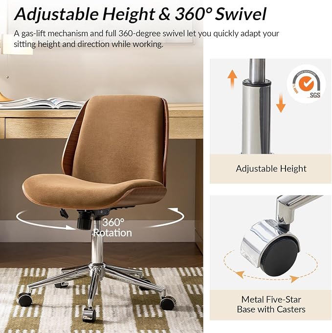 HULALA HOME Fabric Home Office Chair with Bent Wood Design & Rocking Tilt Function, Modern Swivel Desk Chair with Adjustable Height, Comfy Upholstered Armless Computer Task Chair, Caramel