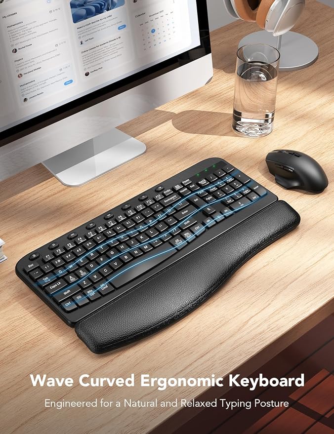 SABLUTE Wireless Keyboard and Mouse Combo – Ergonomic Wave Key, Built-in Leather Soft Palm Rest, 2.4G Full Size, 6-Button Mouse with 4-Level DPI, Dual USB-A/USB-C, MA12 for Windows & macOS Compatible