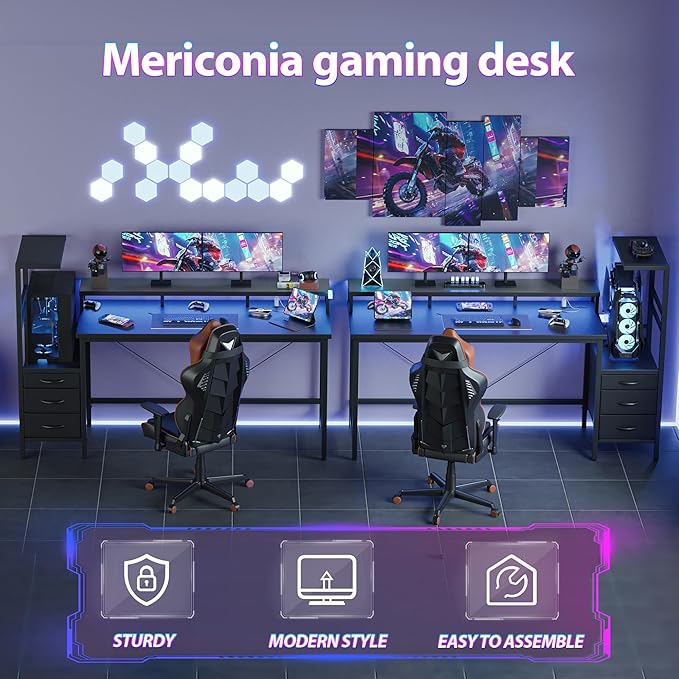 Mericonia 52 inch Gaming Desk with LED Lights & Power Outlets, Reversible Computer Desk with Storage Drawers & Monitor Stand, Large Gaming Table for Home Office