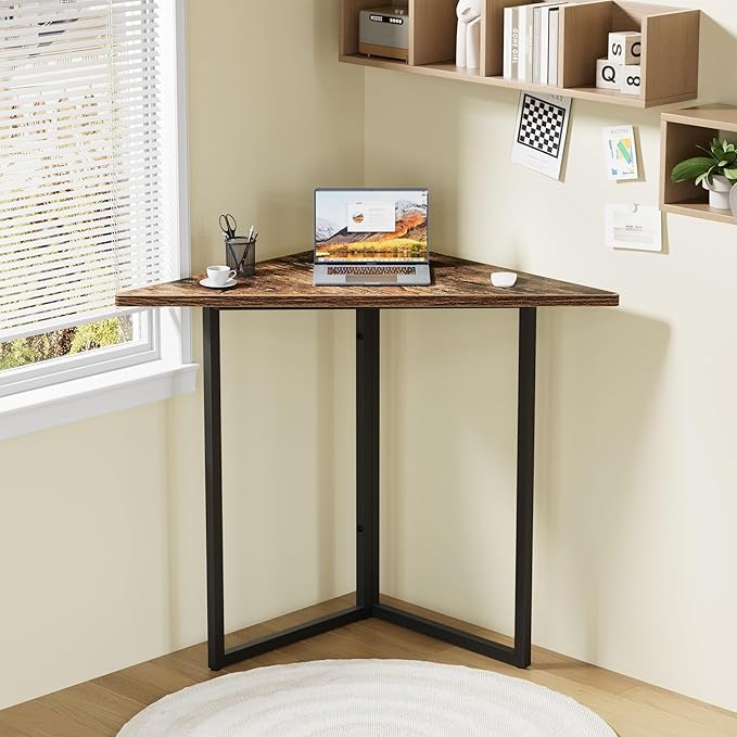 VECELO Corner Desk,Office Tables for Living Room for Small Space Triangle Computer Desk with Steel Frame Corner Shelves with Metal Frame Writing Desk for Workstation Classic Brown 31.1"