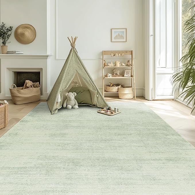 BILEEHOME Sage Green 9x12 Area Rug Living Room Minimalist Modern Abstract Style Extra Large Rugs for Office Dining Room Table Light Green Low Pile Floor Covering Carpet with Non Slip Washable