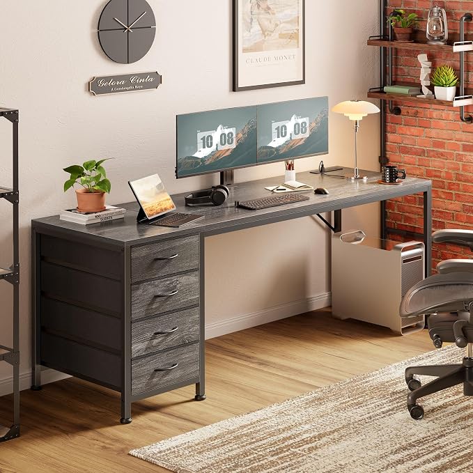 PRAISUN 63 Inch Computer Office Desk with Power Outelts and USB-C Port, Reversible Gaming Desk with 4 Fabric Drawers, Work Study Desk Work from Home, Grey