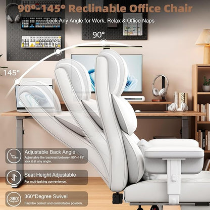 Vonesse Big and Tall Office Chair, Desk Chair with Soft Adjustable Armrests, Ergonomic High Back Gaming Chair with Lumbar Support, Executive Computer Chairs with Footrest (PU Leather,White)
