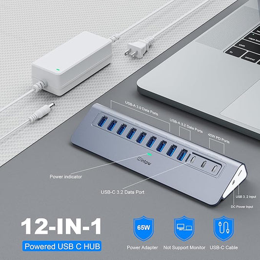 Powered USB Hub 10Gbps, intpw YH9AC 12-Port USB Splitter with USB A/USB C 3.2, 7 USB 3.0, 2 PD 45W Charging Ports, 65W Power Adapter + 3.3FT Cable, Aluminum USB Extender Hub for Laptop/PC/iPhone 16/15
