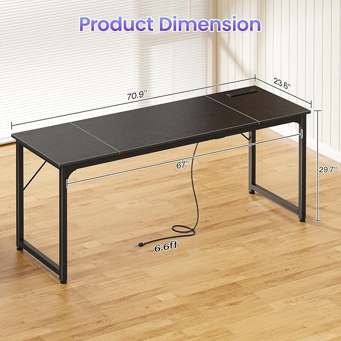 PRAISUN 70 X 24 Inch Office Computer Desk with Power Outlets and USB-C Port, Larger and Longer Gaming Desk, for Home Office, Study, Writing Work from Home Table, Metal Frame, Black