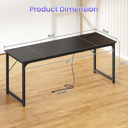 PRAISUN 70 X 24 Inch Office Computer Desk with Power Outlets and USB-C Port, Larger and Longer Gaming Desk, for Home Office, Study, Writing Work from Home Table, Metal Frame, Black