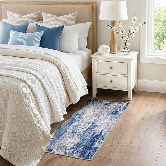 RELEANY Washable Area Rugs 2'x5' Non-Slip Modern Abstract Soft for Living Room Entryway Bedroom Kitchen, Print Pattern, Blue Grey Navy Gray