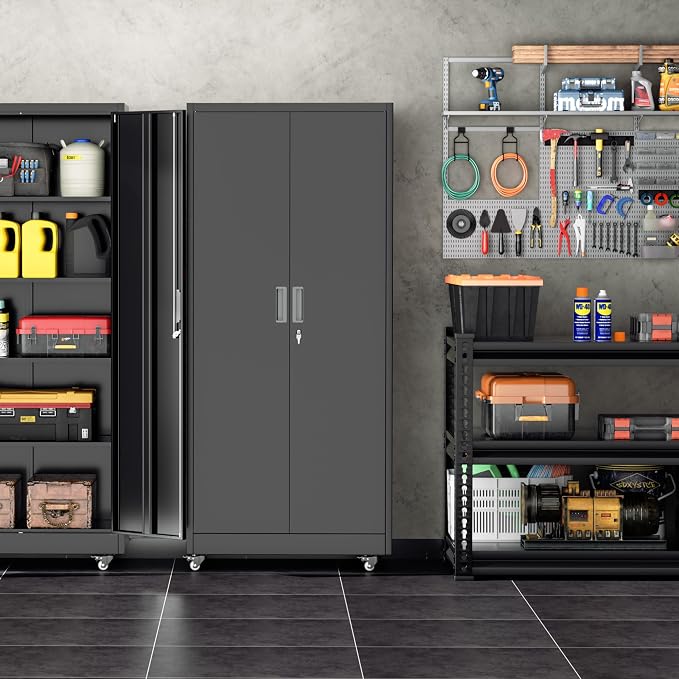 INTERGREAT Metal Storage Cabinet with Wheels, 72" Garage Storage Cabinets with Door and 4 Shelves, Tool Storage Locker on Caster for Home, Office, Black