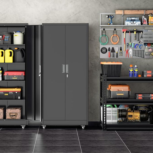 INTERGREAT Metal Storage Cabinet with Wheels, 72" Garage Storage Cabinets with Door and 4 Shelves, Tool Storage Locker on Caster for Home, Office, Black