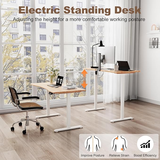 Solid Wood Electric Standing Desk 55"x23.6"Home Office Desk,Adjustable Workbench with 3 Stages Single Motor, Computer Workstation with T-Shaped Metal Bracket,Natural Standing Desk for Gaming(1 Box)