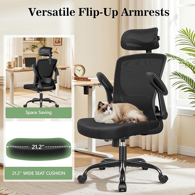 BESTFAIR Office Chair Ergonomic Desk Chair, Breathable Mesh Office Chairs with Adjustable Lumbar Support, Flip-Up Arms, Computer Desk Chair Comfy for Home Office, 8 Pack