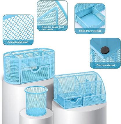 17 in 1 Blue Desk Organizers and Accessories Set, 3 Office Desk Supplies Storage Organization, 4 Pens, Stapler, Staples & Remover, Tape & Dispenser, Scissors, Ruler, Clips, Hole Punch, Back to School