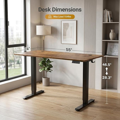 Claiks Electric Standing Desk, 55 x 24 Inch Height Adjustable Sit Stand Desk for Home Office, Computer Desk with Memory Presets, Cable Management & Headphone Hooks, 156 lbs Capacity, Rustic Brown