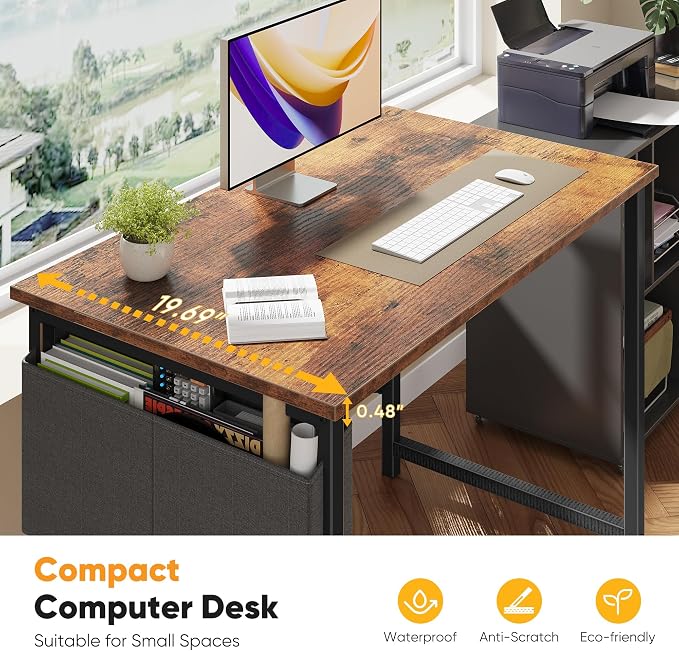 NEWBULIG 40 Inch Computer Desk Home Office Desks for Bedroom Writing Gaming Work Study Table with Storage Bag for Small Spaces, Modern Workstation in Rustic Brown