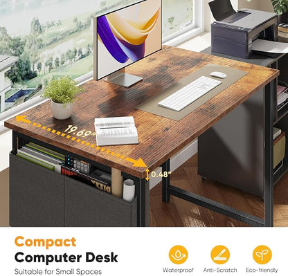 NEWBULIG 40 Inch Computer Desk Home Office Desks for Bedroom Writing Gaming Work Study Table with Storage Bag for Small Spaces, Modern Workstation in Rustic Brown