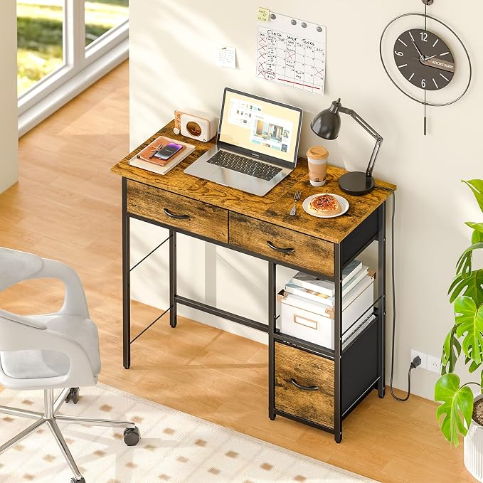3IngSeagulls 33 Inch Small Computer Desk with Fabric Drawers, Home Office Desk with Storage Shelf, Compact Desks for Small Spaces, Teen Study Table for Bedroom, Rustic Brown