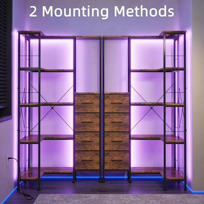 AFLUI Corner Bookshelf with LED Light Strips & 4 Fabric Drawers, 5-Tier Convertible Corner Shelf with Display Shelf, Large Wood Industrial Bookcase for Living Room, Bedroom, Home Office, Rustic Brown